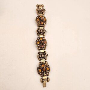 Vintage Gold-Tone Floral Bracelet With Amber Rhinestones & Faux Pearls